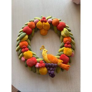 Handmade 70s velvet Partridge quail bird wreath colorful, bright fruit circle de